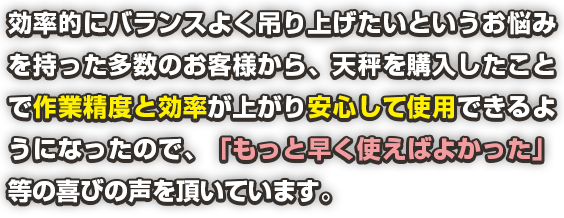 効率的にバランスよく吊り上げたいという悩みを持った多数のお客様から、天秤を購入したことで作業効率と精度が上がり安心して信用できるようになったので、「もっと早く使えばよかった」等の喜びの声を頂いています。