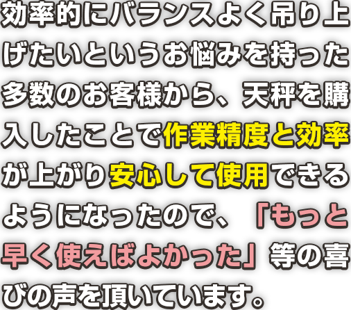 効率的にバランスよく吊り上げたいという悩みを持った多数のお客様から、天秤を購入したことで作業効率と精度が上がり安心して信用できるようになったので、「もっと早く使えばよかった」等の喜びの声を頂いています。